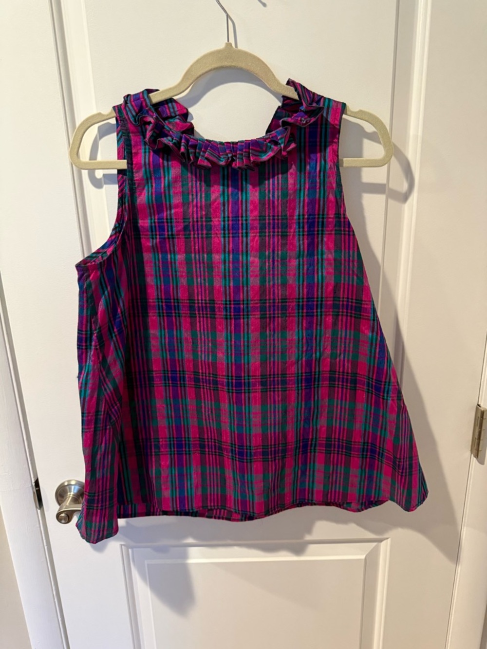 Hello Dobson ruffled Neck Plaid Sleeveless Blouse in Magenta and Teal